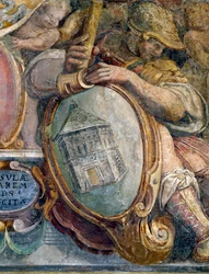 Quarto, detalhe do friso retratando cidades e edifícios sob o controle de Medici, o batistério de S. Giovanni, Florença, 1564-75 afresco